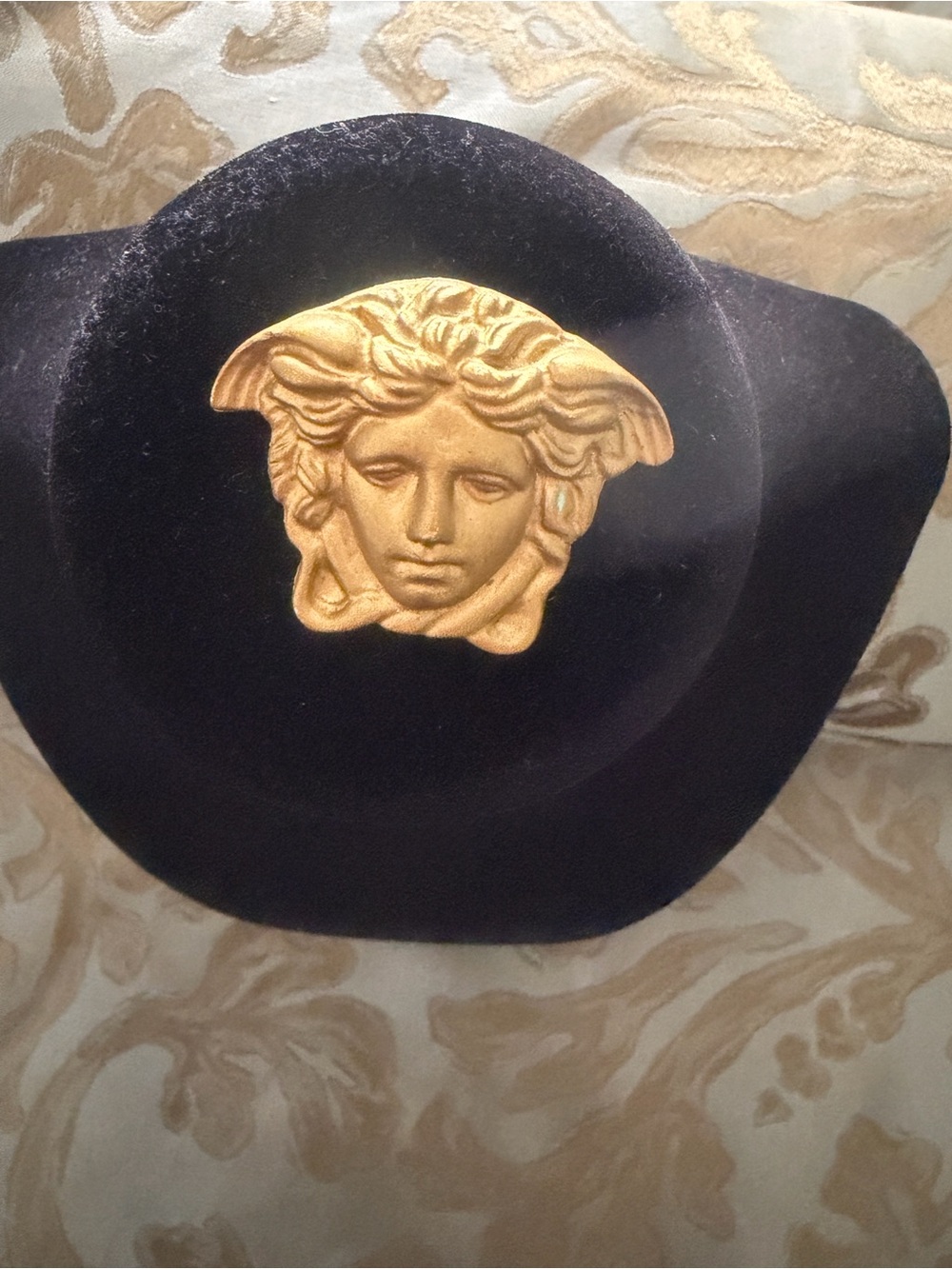 Versace Gold Medusa Brooch on Black Velvet Stand